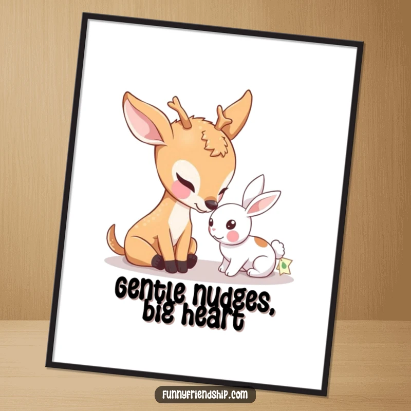 Funny Free Printable Wall Art showcasing a deer gently nudging a rabbit, symbolizing sweet friendship and peaceful coexistence for decor.