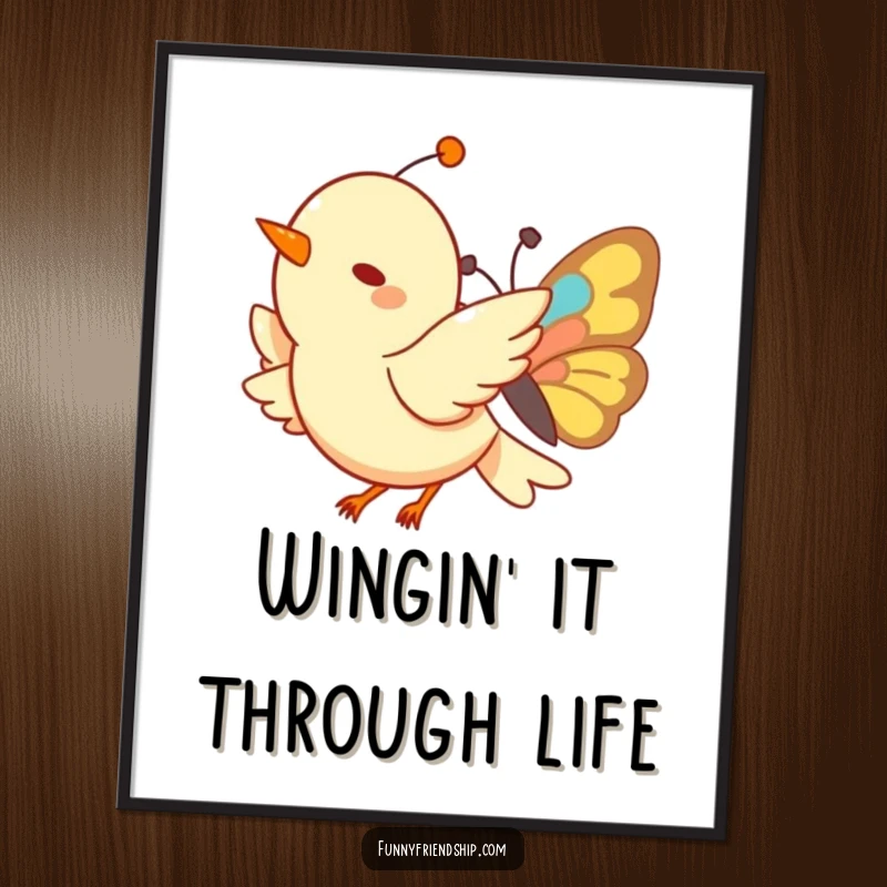 Funny Free Printable Wall Art: A charming bird and butterfly soaring joyfully through the air, adding color.