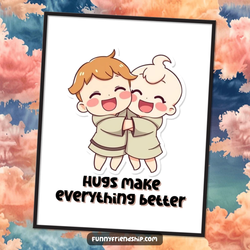 Funny free printable wall art: Two smiling characters locked in a warm, affectionate hug.