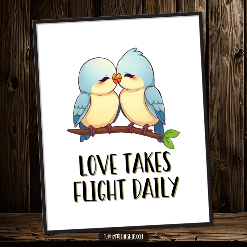 Free printable wall art featuring two sweet birds perching together and nuzzling, perfect for a romantic or cozy atmosphere.