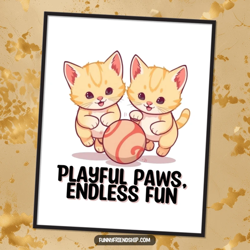 Funny Free Printable Wall Art depicting two energetic kittens in mid-chase after a single bouncing ball, a playful interior decor piece.