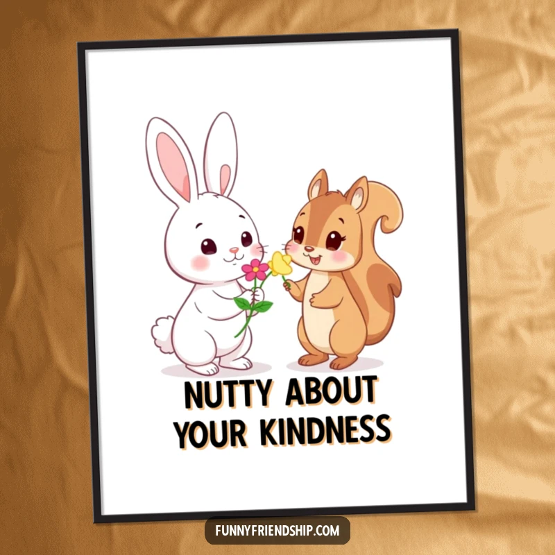 Funny free printable wall art: a playful rabbit offers a delicate flower to a shy squirrel.