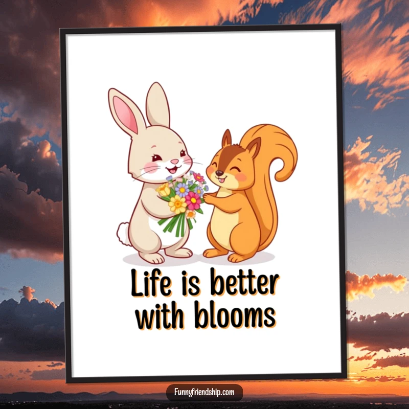 Funny Free Printable Wall Art: Playful rabbit offers a colorful bouquet to a squirrel, whimsical nature scene, downloadable art.