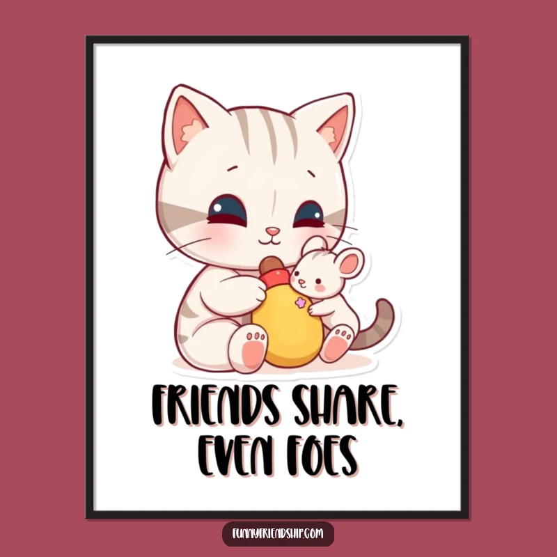 Funny Free Printable Wall Art: Cat & Mouse Sharing - Whimsical Downloadable Decor