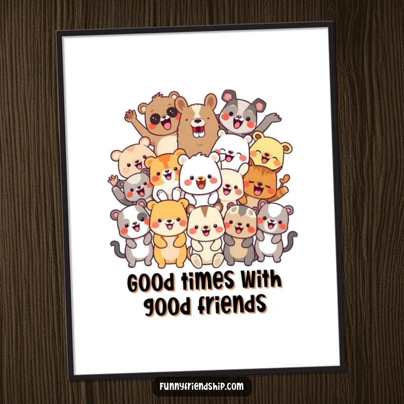 Funny Free Printable Wall Art: Diverse animal characters in a cheerful, celebratory group. Downloadable art.