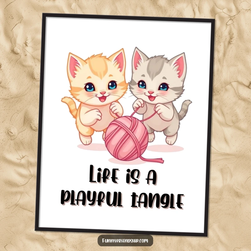 Funny Free Printable Wall Art: Two mischievous kittens in a playful chase after a bouncing ball of yarn, adding fun to your decor.
