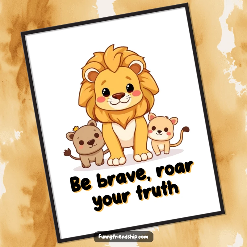 Funny Free Printable Wall Art: A proud and majestic lion standing strong, protectively overseeing its group of happy friends.