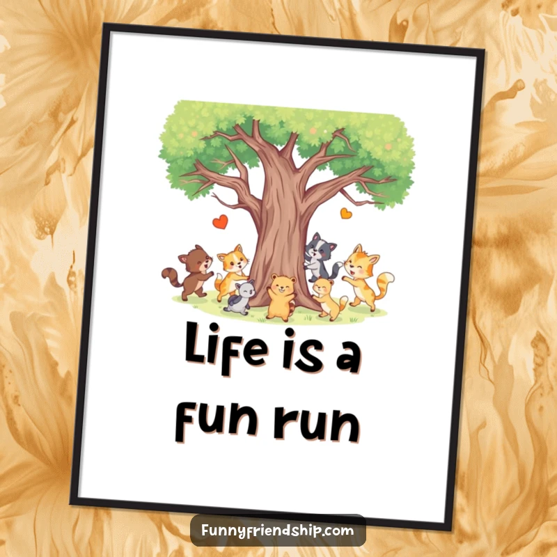 Funny Free Printable Wall Art of animals joyfully playing tag around a tree, a cheerful downloadable decoration.