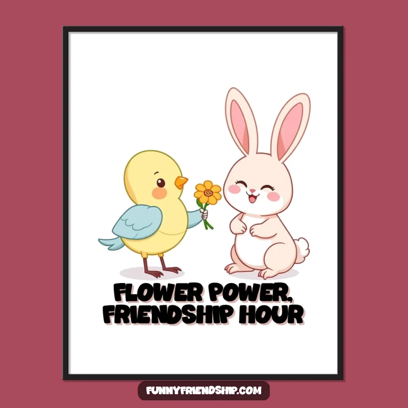 Funny Free Printable Wall Art: Bird Offers Flower to Happy Rabbit, Downloadable Decor