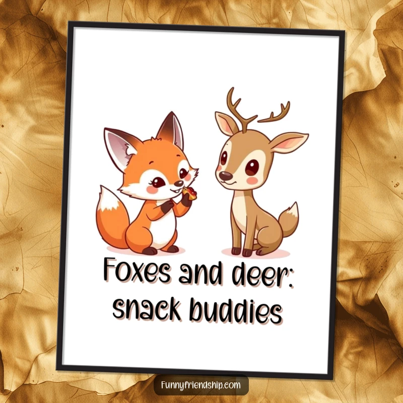 Funny free printable wall art of a curious fox sharing a tasty treat with a shy deer.