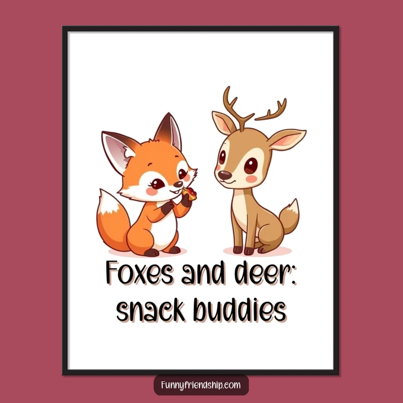 Funny Free Printable Wall Art: Curious Fox & Shy Deer Sharing Treat - Downloadable Art
