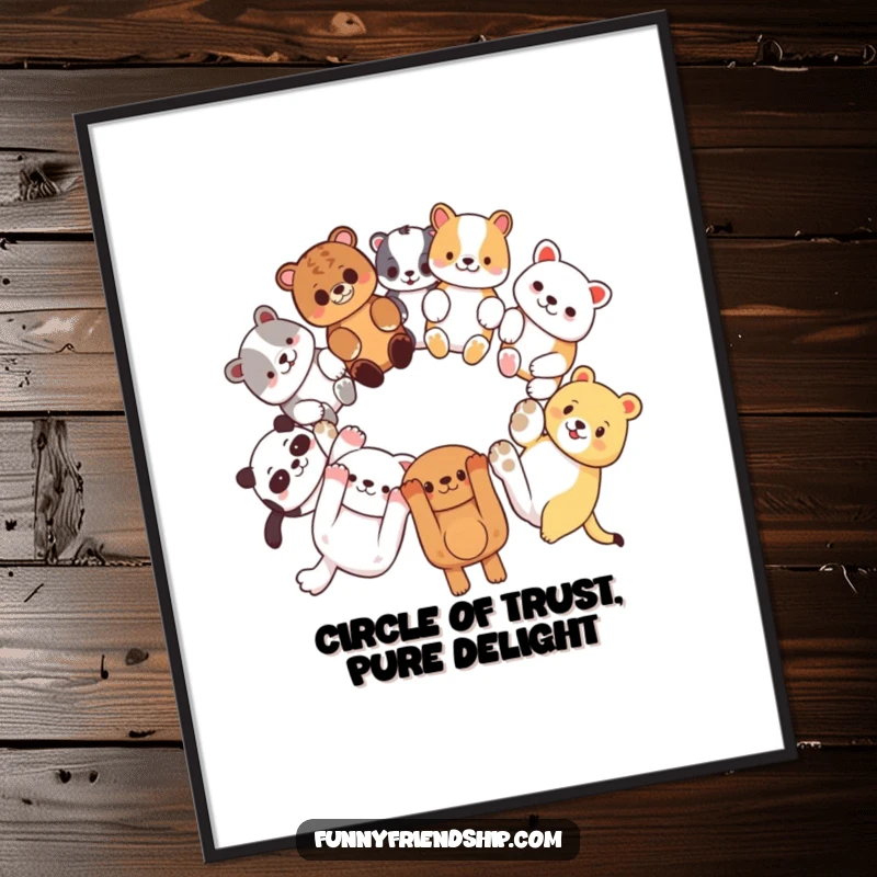 Funny Free Printable Wall Art of diverse animal characters linking paws in a happy circle, creating a cheerful and whimsical atmosphere.