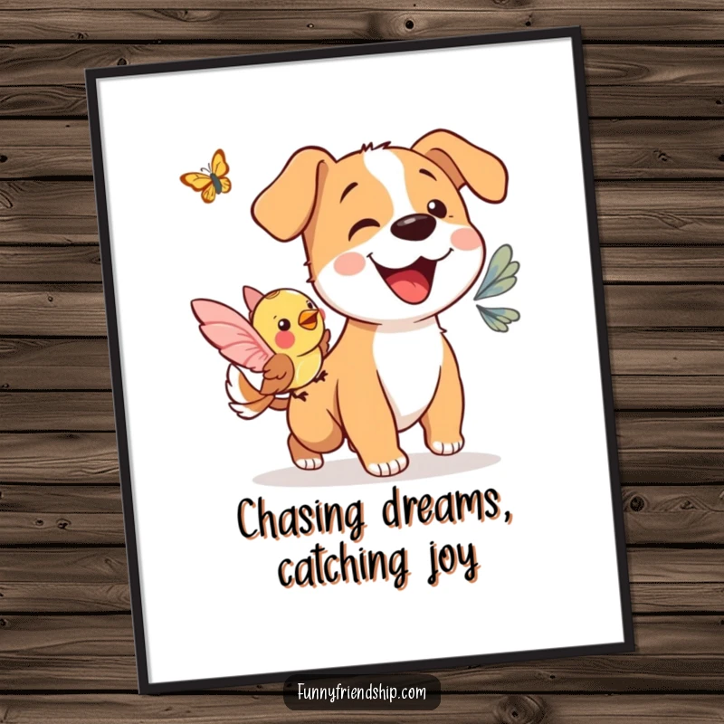 Funny Free Printable Wall Art: A happy dog and playful bird joyfully chase a butterfly, creating a scene of pure fun. Downloadable.
