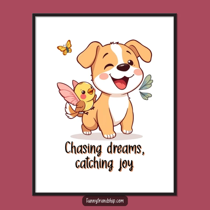 Funny Free Printable Wall Art - Dog & Bird Butterfly Chase Downloadable