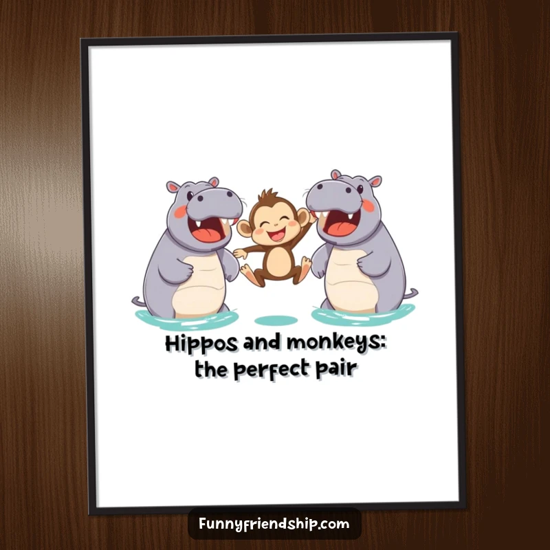 Funny Free Printable Wall Art: A joyful monkey mid-leap between two smiling hippos, creating a scene of pure, unadulterated happiness.