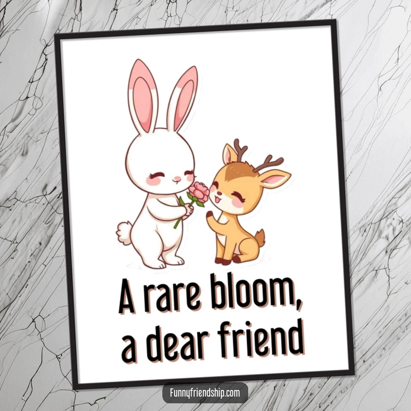 Funny Free Printable Wall Art featuring a rabbit giving a flower to a deer, embodying friendship and gentle charm in a downloadable design.