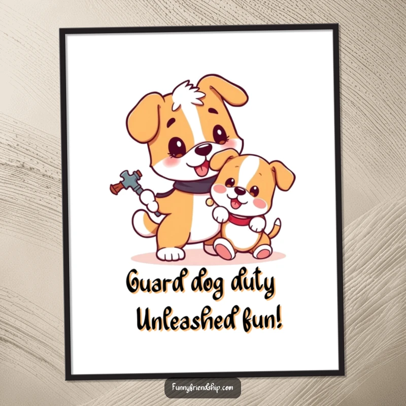 Funny Free Printable Dog Wall Art depicting a brave loyal dog guarding a playful puppy, adding humor to home decor.
