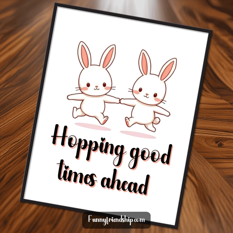 Cute Free Printable Wall Art: Two bunnies holding hands and skipping playfully, a delightful piece of downloadable decor.