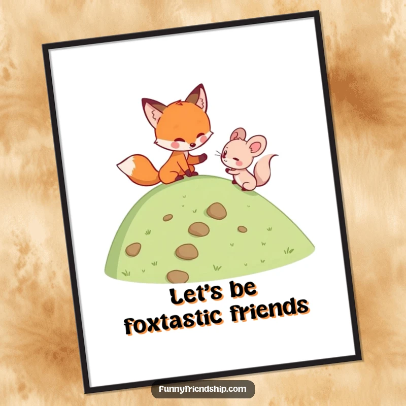 Free printable wall art showing a fox helping a small mouse climb a challenging hill, symbolizing teamwork and support.