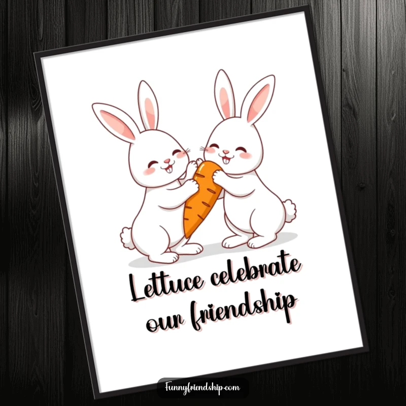 Funny Free Printable Rabbit Wall Art, two cheerful bunnies high-fiving over a giant carrot, whimsical home decor.