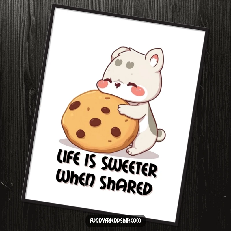 Funny free printable wall art depicting two adorable animals gleefully sharing a massive cookie, perfect for a whimsical space.
