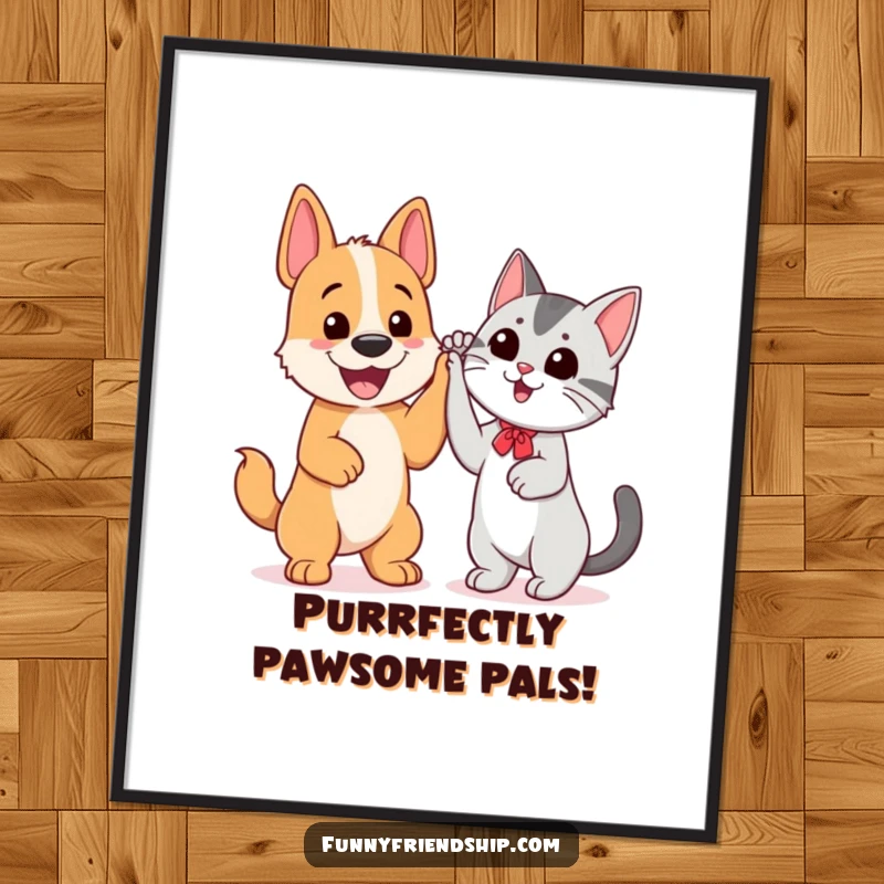 Funny Free Printable Wall Art: A happy dog and a cool cat enthusiastically high-five, showcasing their friendly bond.
