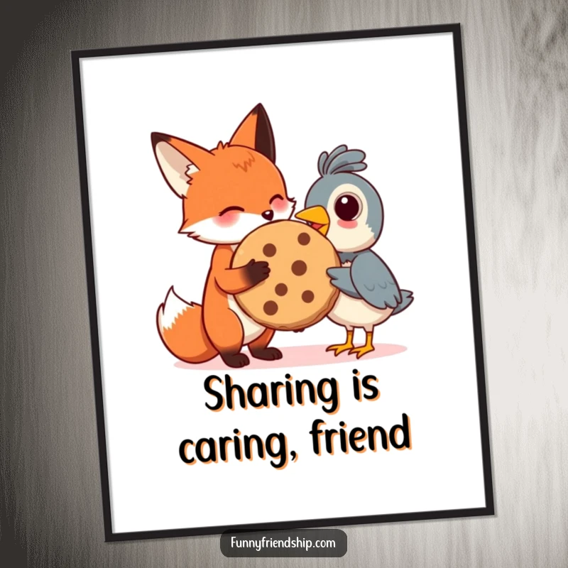Funny Free Printable Wall Art depicting a fox and bird sharing a giant cookie, symbolizing friendship and generosity in a charming design.