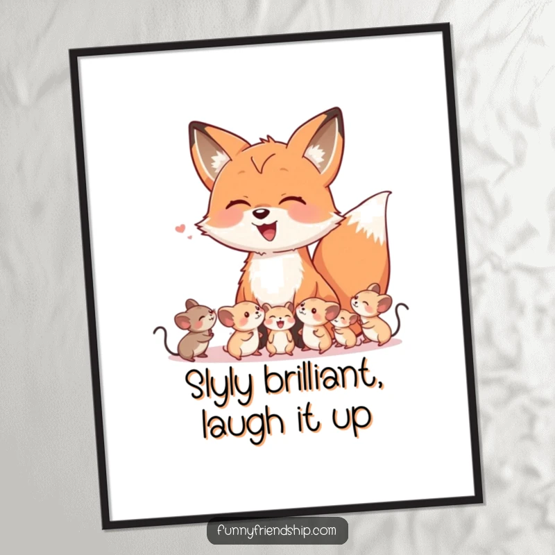 Funny Free Printable Wall Art: A fox and small mice laughing together, a charming and humorous downloadable artwork.