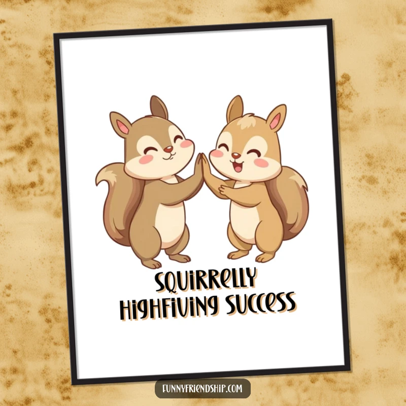 Funny Free Printable Wall Art: Two squirrel characters joyfully celebrating by giving each other a dynamic high-five.
