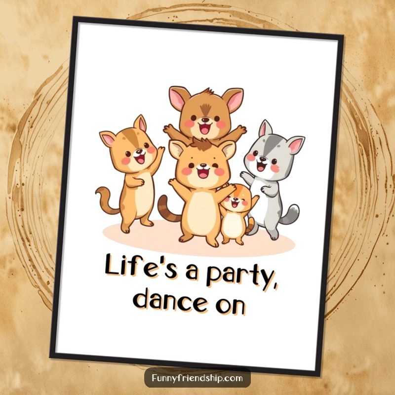 Funny Free Printable Wall Art showcasing happy animals engaged in a lively circle dance, adding a whimsical and joyful touch to any room.