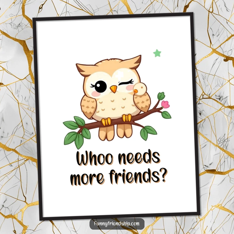 Funny Free Printable Wall Art: Winking owl character shares a branch with another owl, adding wise charm.