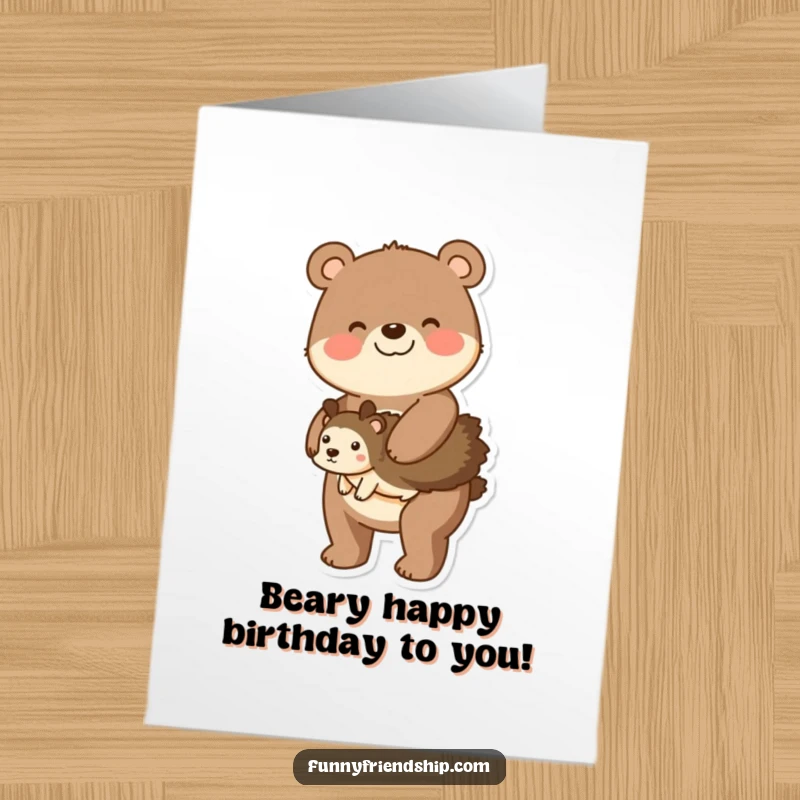 Funny Free Printable Birthday Card: Cheerful bear carries a tiny hedgehog on its back, joyful birthday ride, downloadable art.