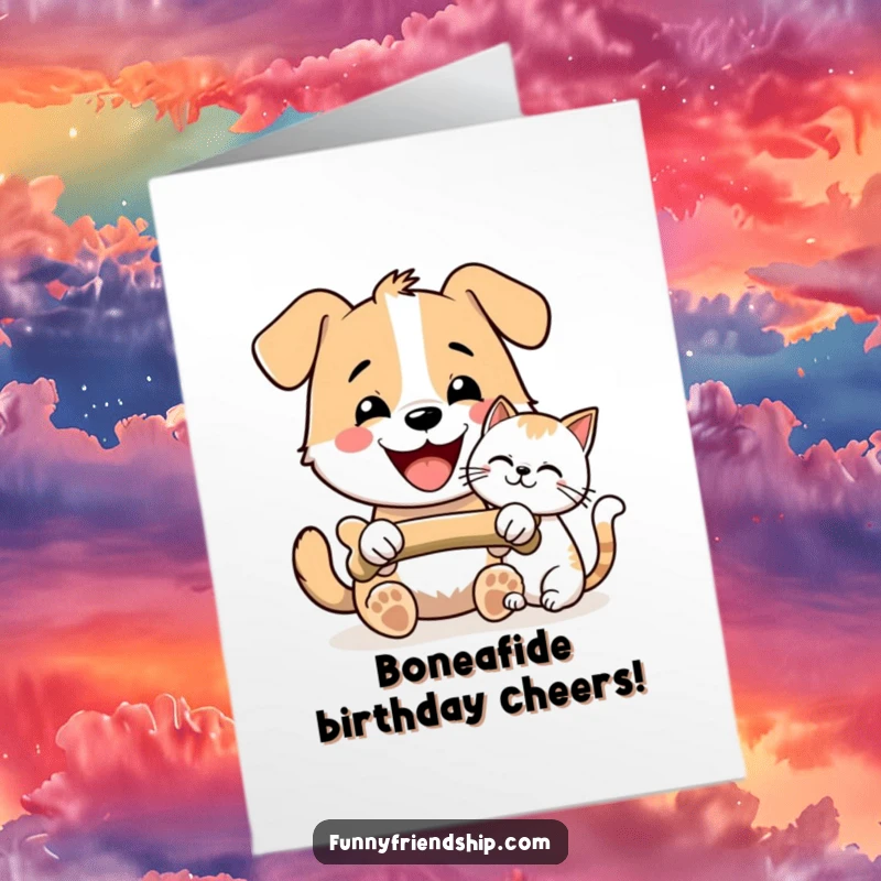 Funny Free Printable Birthday Card: A happy dog cheerfully offers a bone to a friendly cat.
