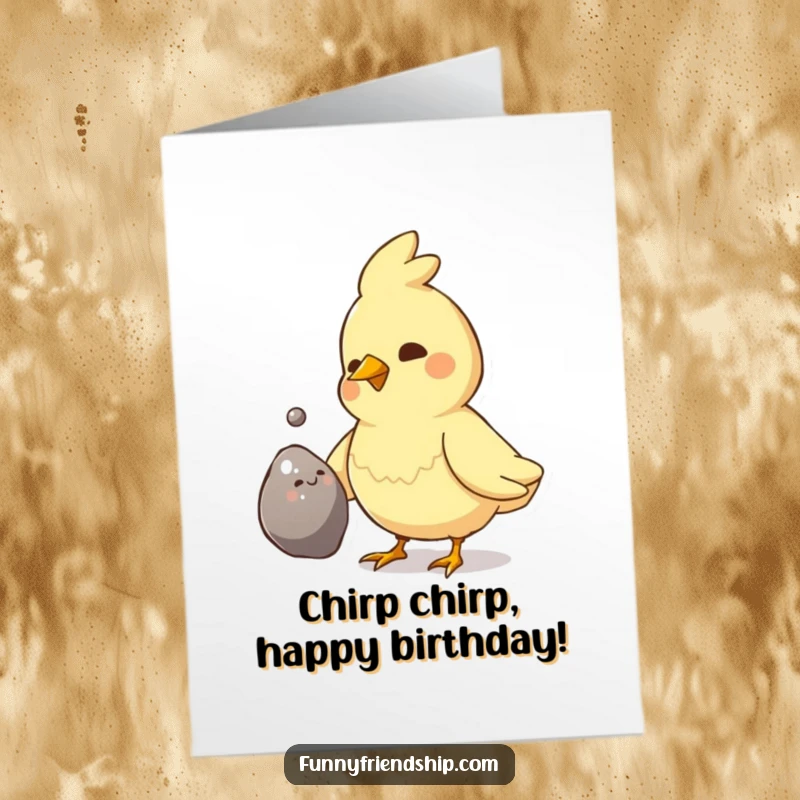 Funny Free Printable Birthday Card: A proud bird presents a shiny pebble as a special gift.