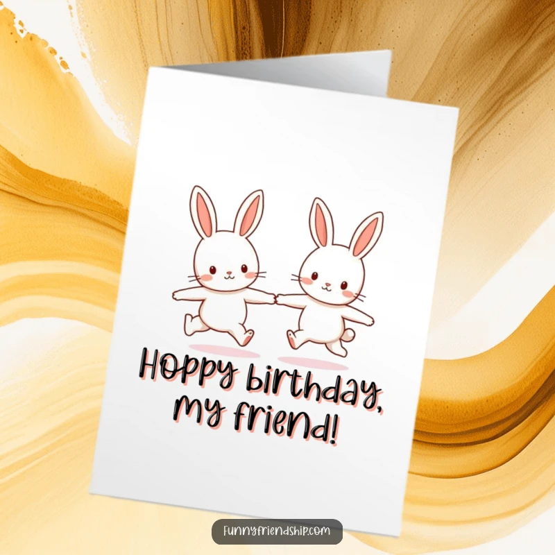 Cute Free Printable Birthday Card: Two bunnies holding hands and skipping joyfully, spreading birthday cheer.