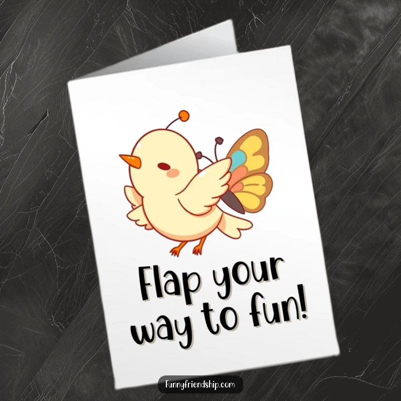 Funny Free Printable Birthday Card: Happy bird and butterfly characters flying joyfully together in a sky scene.