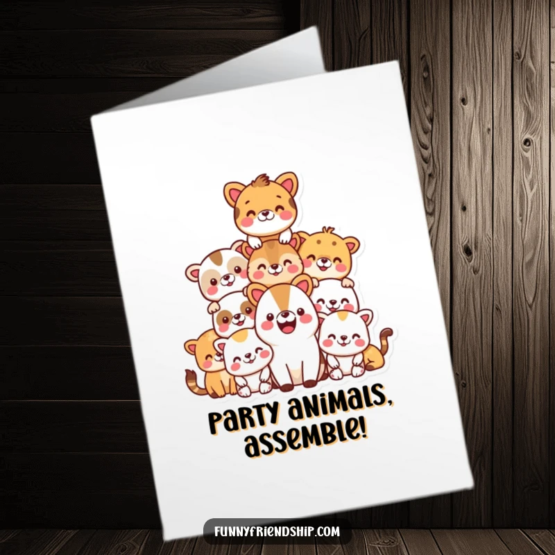 Funny free printable birthday card: A stack of happy, smiling animals forming a celebratory pyramid.