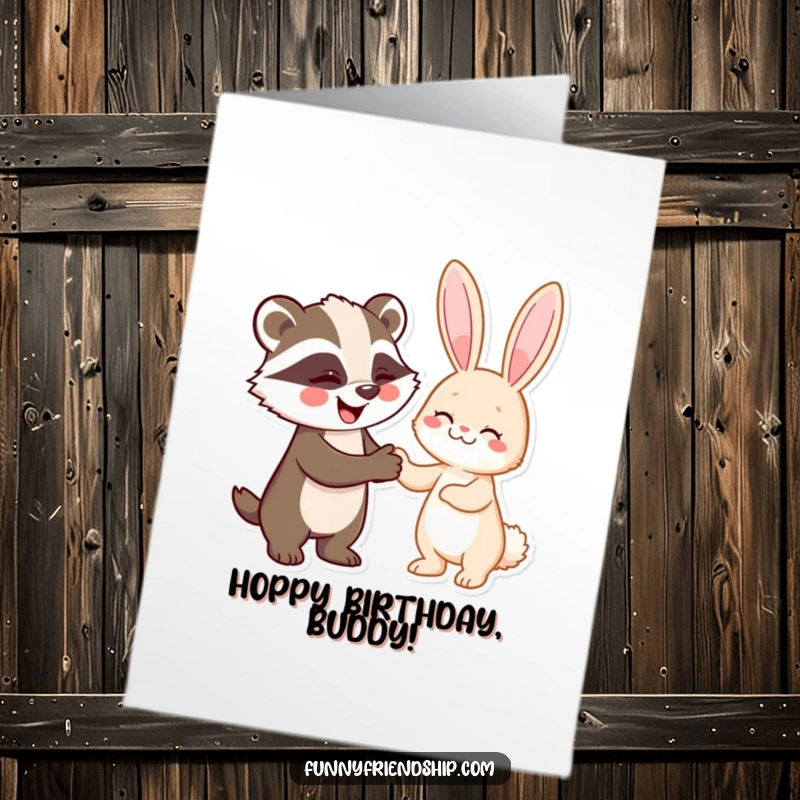 Funny free printable birthday card: A cheerful badger and rabbit shaking hands, celebrating a birthday pact.