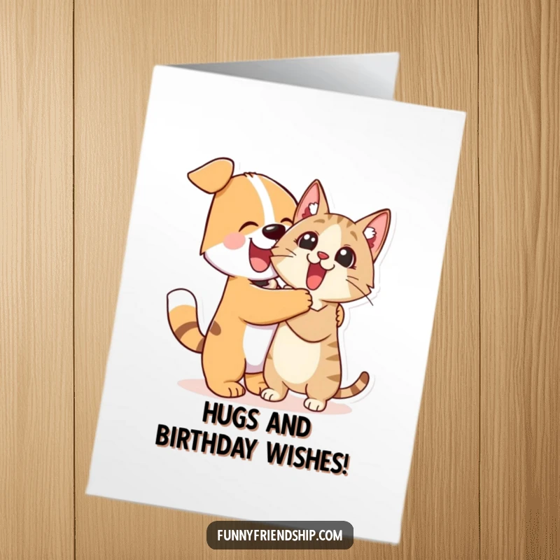 Funny free printable birthday card: a happy dog gives a big, enthusiastic hug to a startled cat.