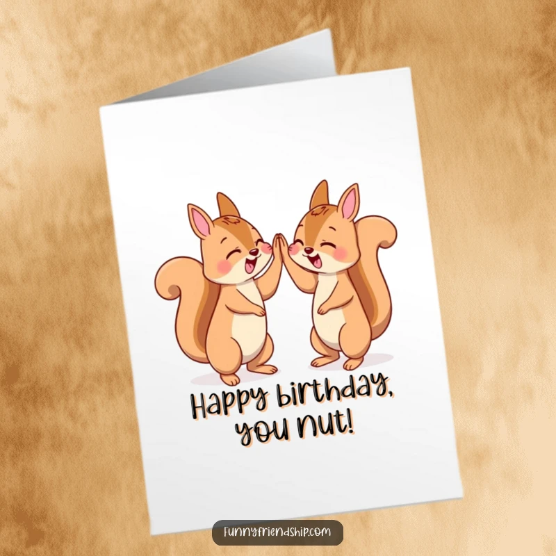 Funny Free Printable Birthday Card: Two energetic squirrel characters enthusiastically high-five each other in celebration.