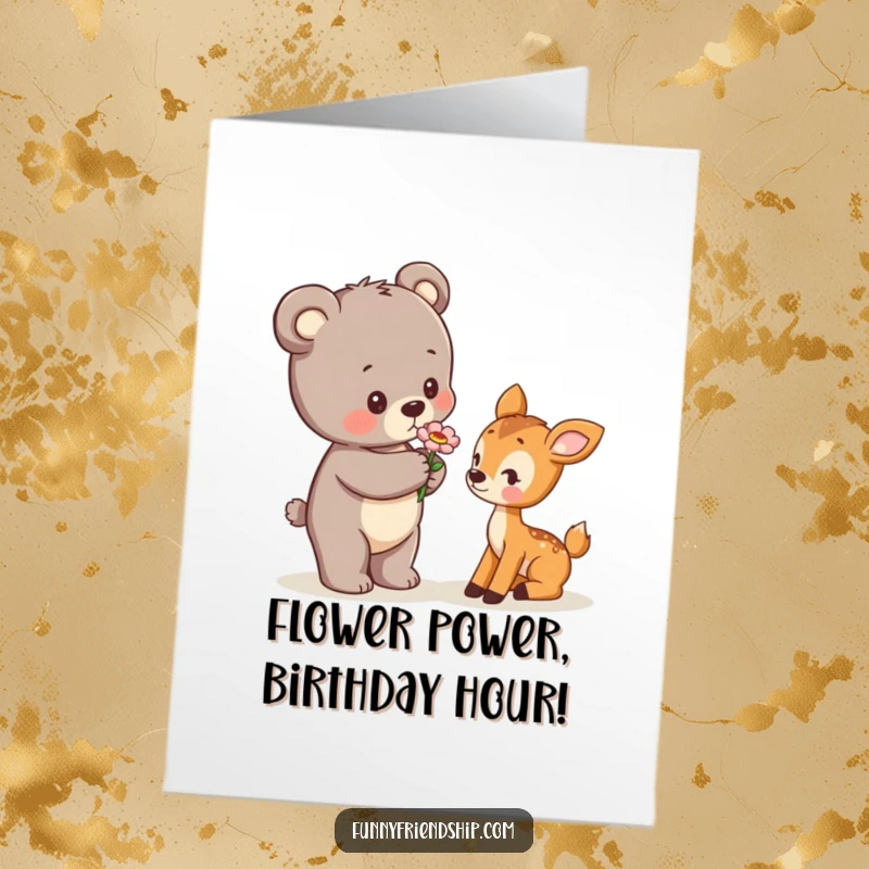 Funny Free Printable Birthday Card: A cute bear cub sweetly offers a flower to a shy deer cub, evoking gentle birthday wishes.