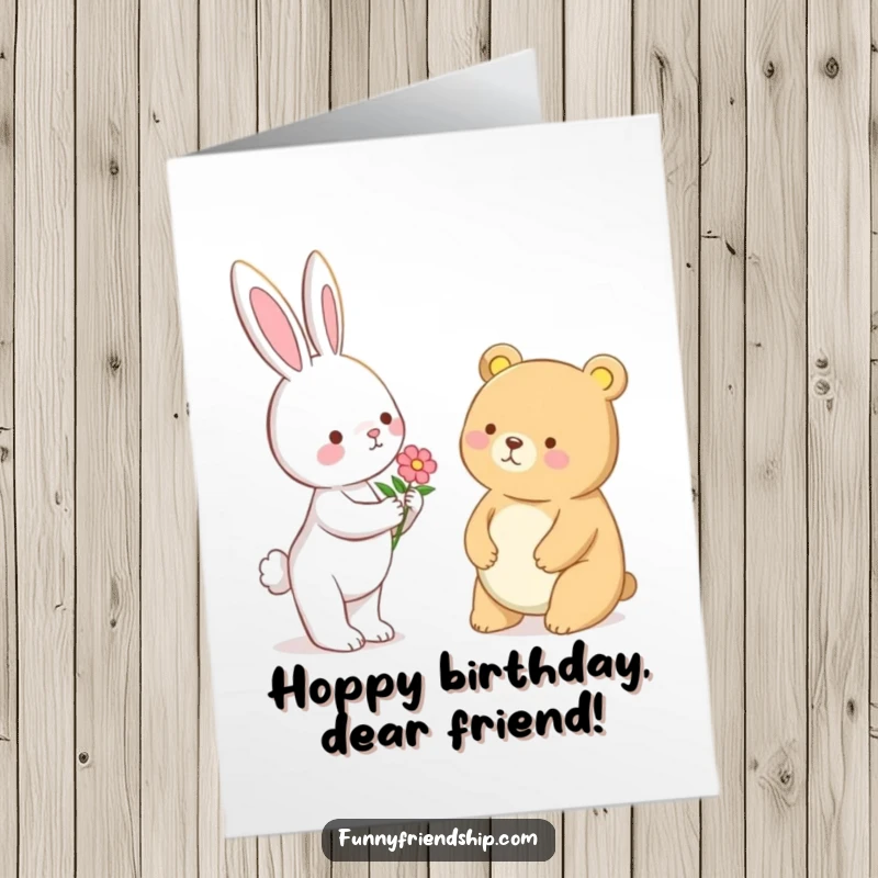 Funny Free Printable Birthday Card: A small bunny offers a flower to a friendly, smiling bear.