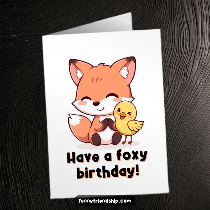 Funny Free Printable Birthday Card: Fox whispering a secret to a giggling bird, a delightful DIY gift.