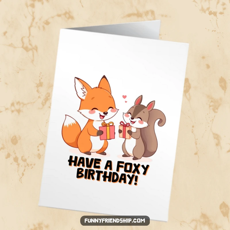 Funny Free Printable Fox and Squirrel Birthday Card, smiling animals exchanging presents, festive celebration art.