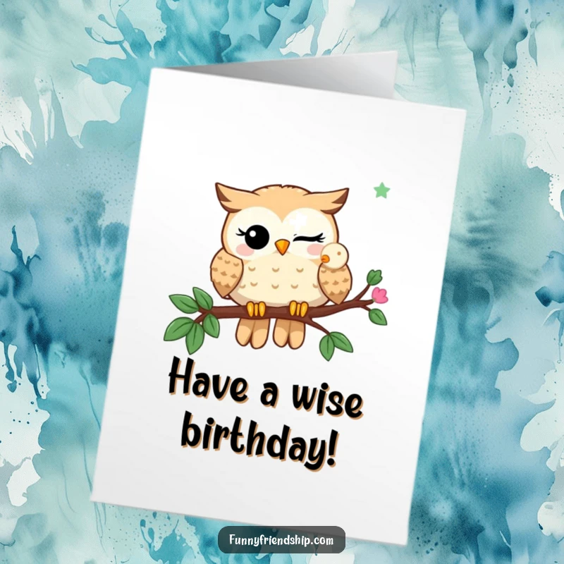 Funny Free Printable Birthday Card: Winking owl character shares a branch with another owl, sending birthday wishes.