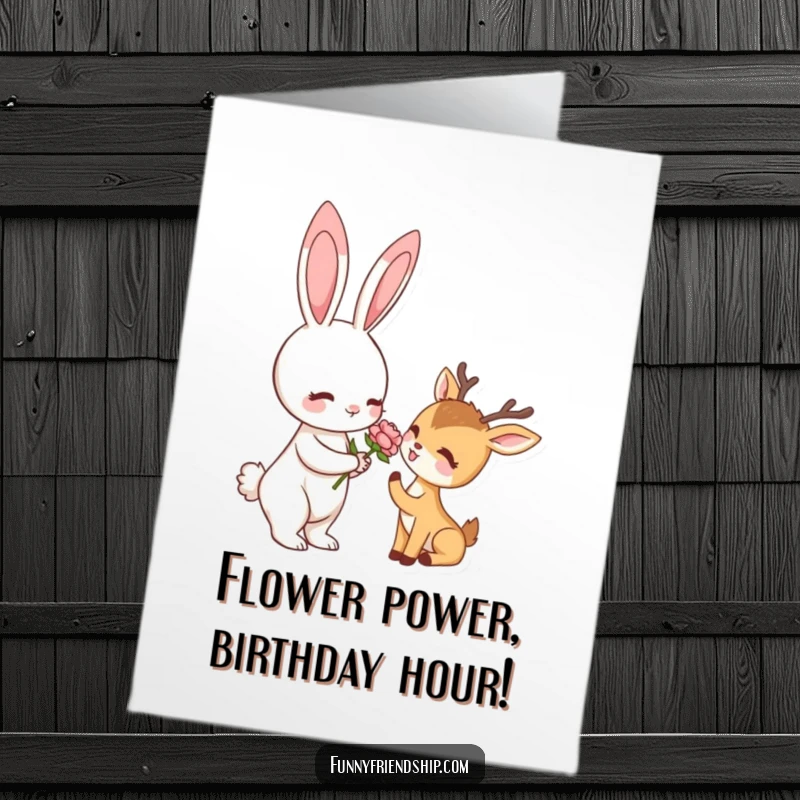 Funny Free Printable Birthday Card featuring a sweet rabbit offering a flower to a deer, expressing heartfelt wishes with charm.