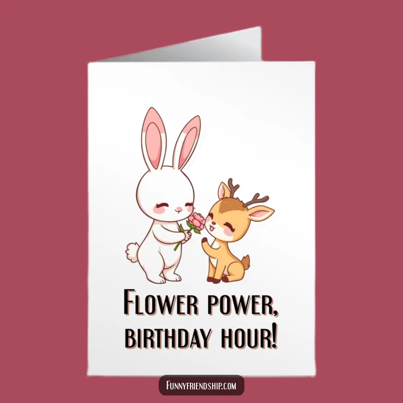 Funny Free Printable Birthday Card: Cute Rabbit & Deer Flower Gift for Him Her