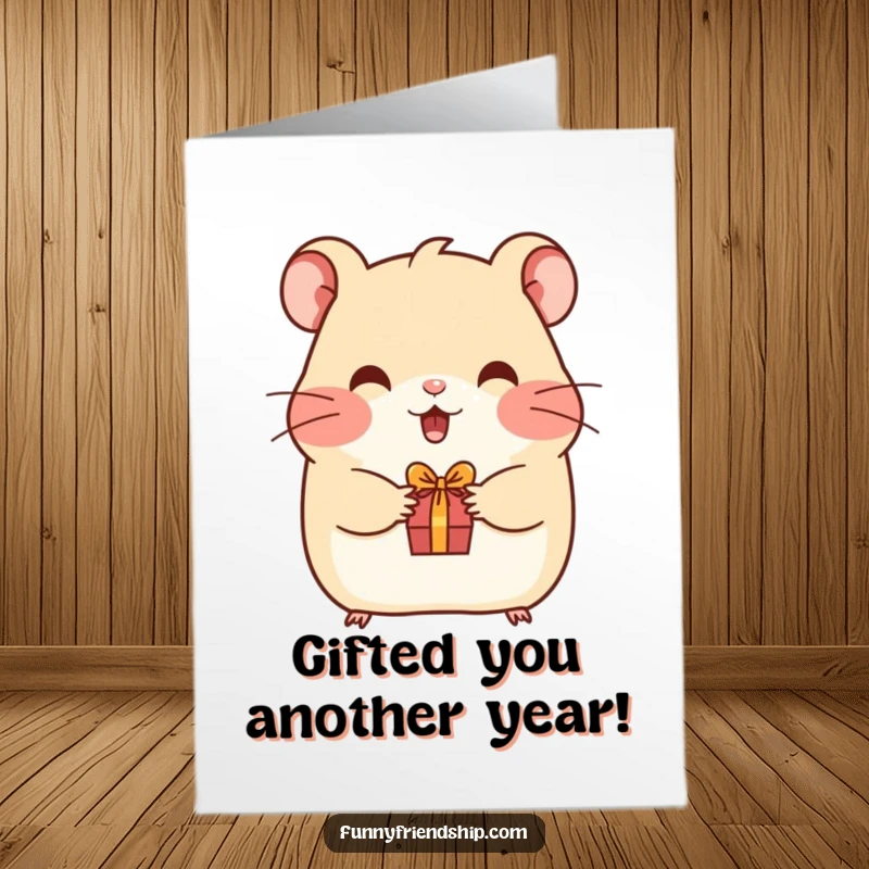 Funny Free Printable Hamster Birthday Card: A happy hamster presents a tiny gift with squeaky birthday wishes, downloadable.