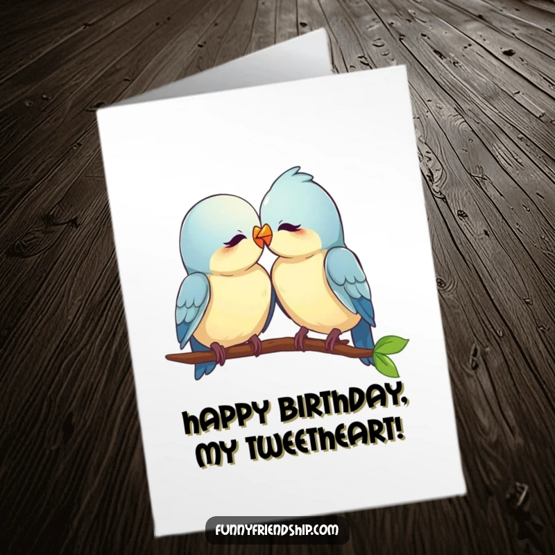 Free printable birthday card featuring two cute birds perching together and nuzzling affectionately, a symbol of love.