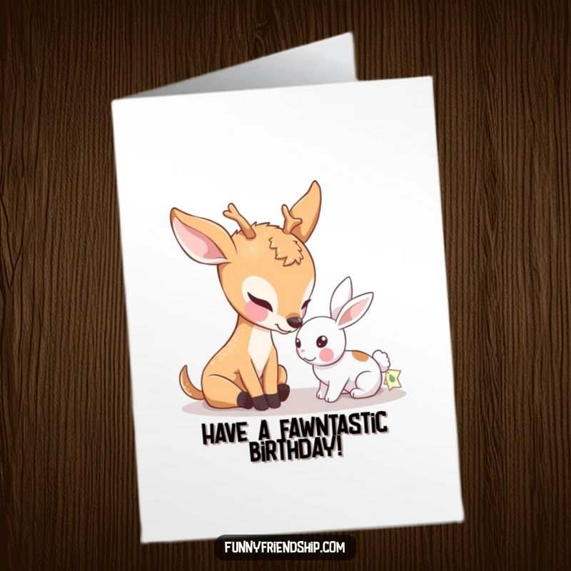 Funny Free Printable Birthday Card showing a gentle deer affectionately nudging a small rabbit, conveying sweet birthday wishes.